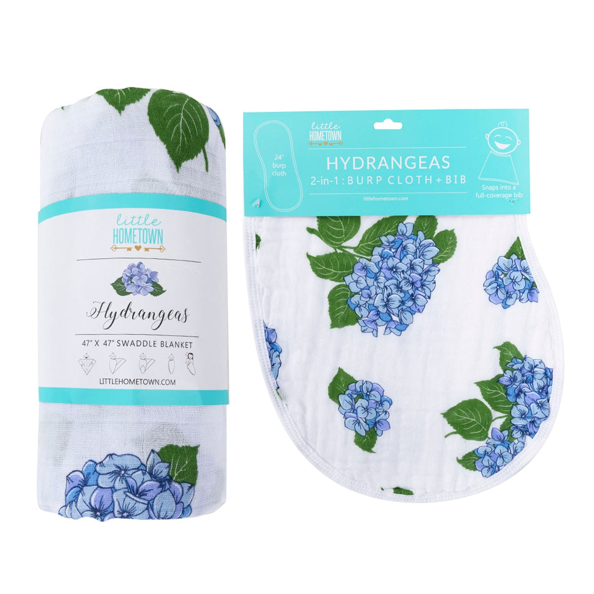 The Hydrangeas gift set showing the blue blossom print across the burp cloth and bib combo.
