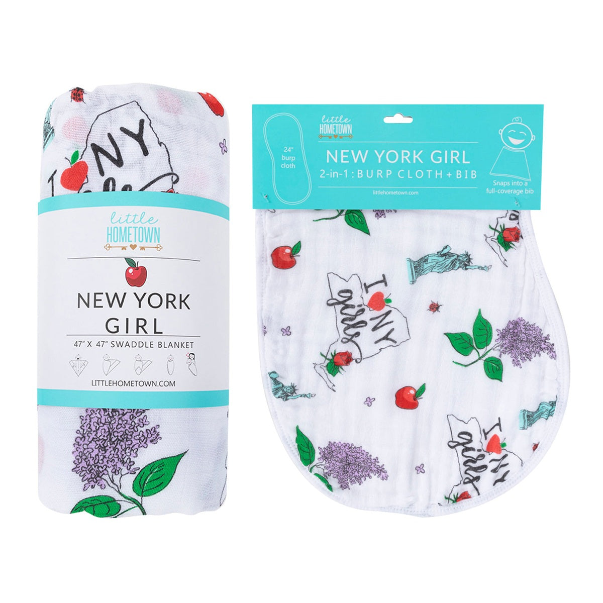 The New York girl gift set with its rolled swaddle and coordinating burp cloth and bib combo.