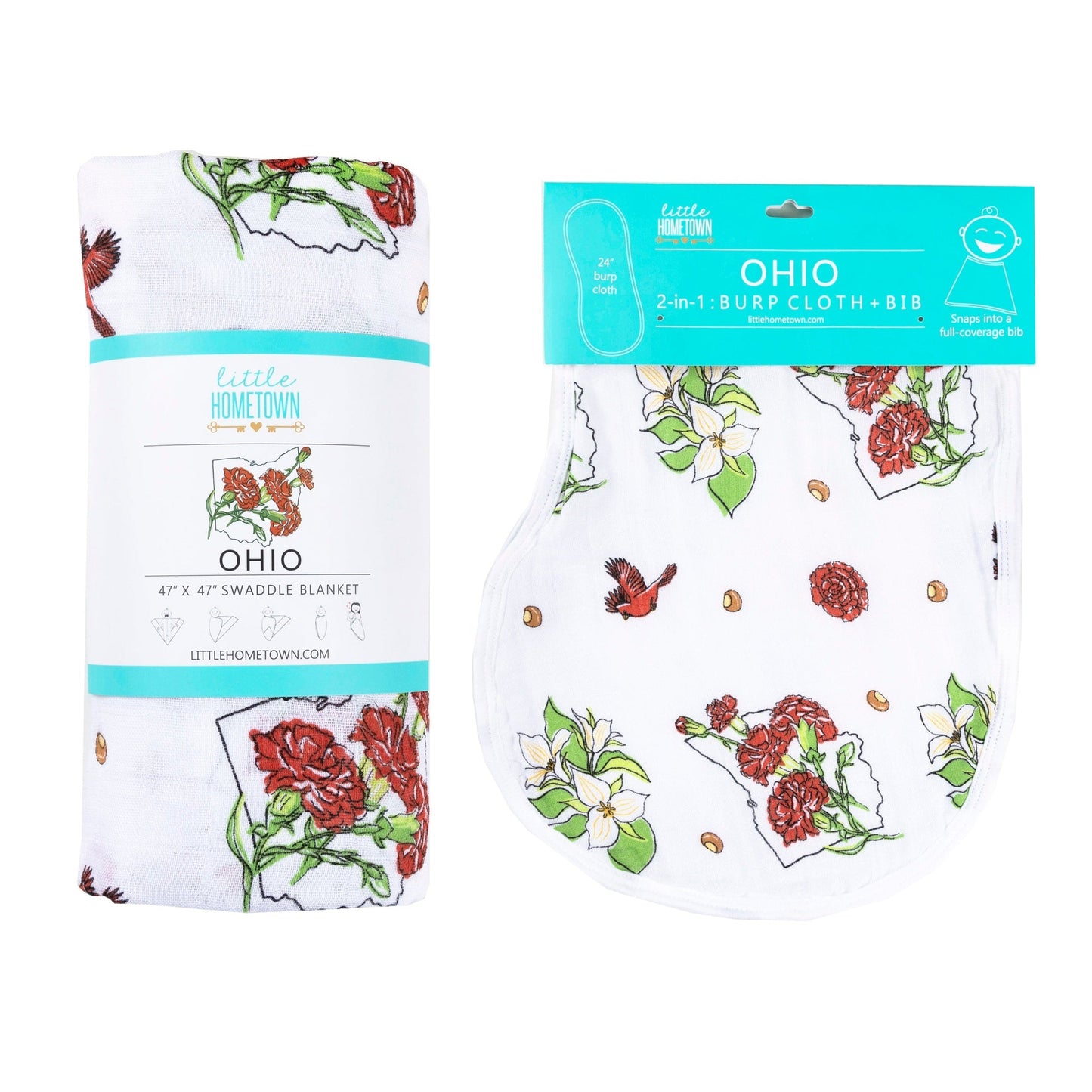 The Ohio Floral Essentials Comfort gift set, swaddle with burp cloth and bib combo on clean white.