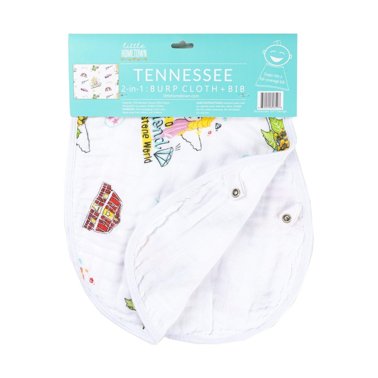 The Tennessee floral burp cloth and bib combo, folded beside its aqua retail card on clean white.