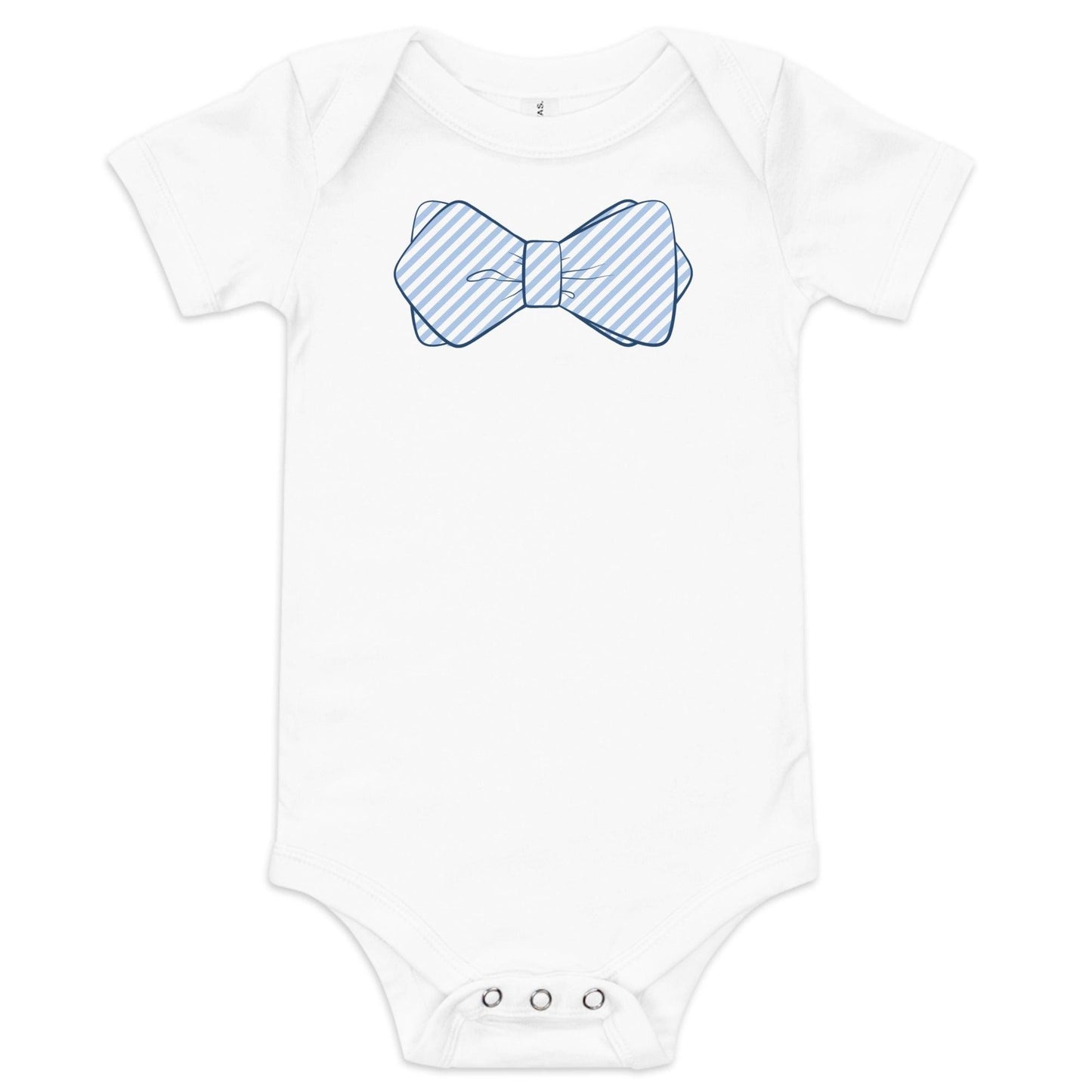The Blue Bowtie baby onesie in white, a single blue gingham bow tie printed neatly at the chest.