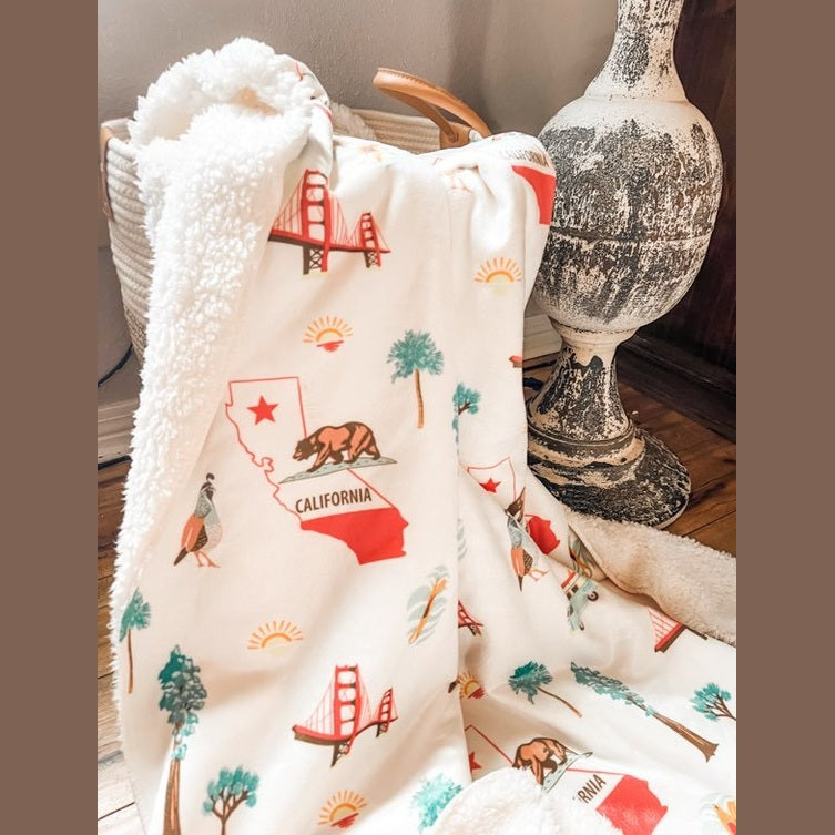California-themed plush throw blanket, 60x80 inches, featuring a vibrant sunset over palm trees and the ocean.