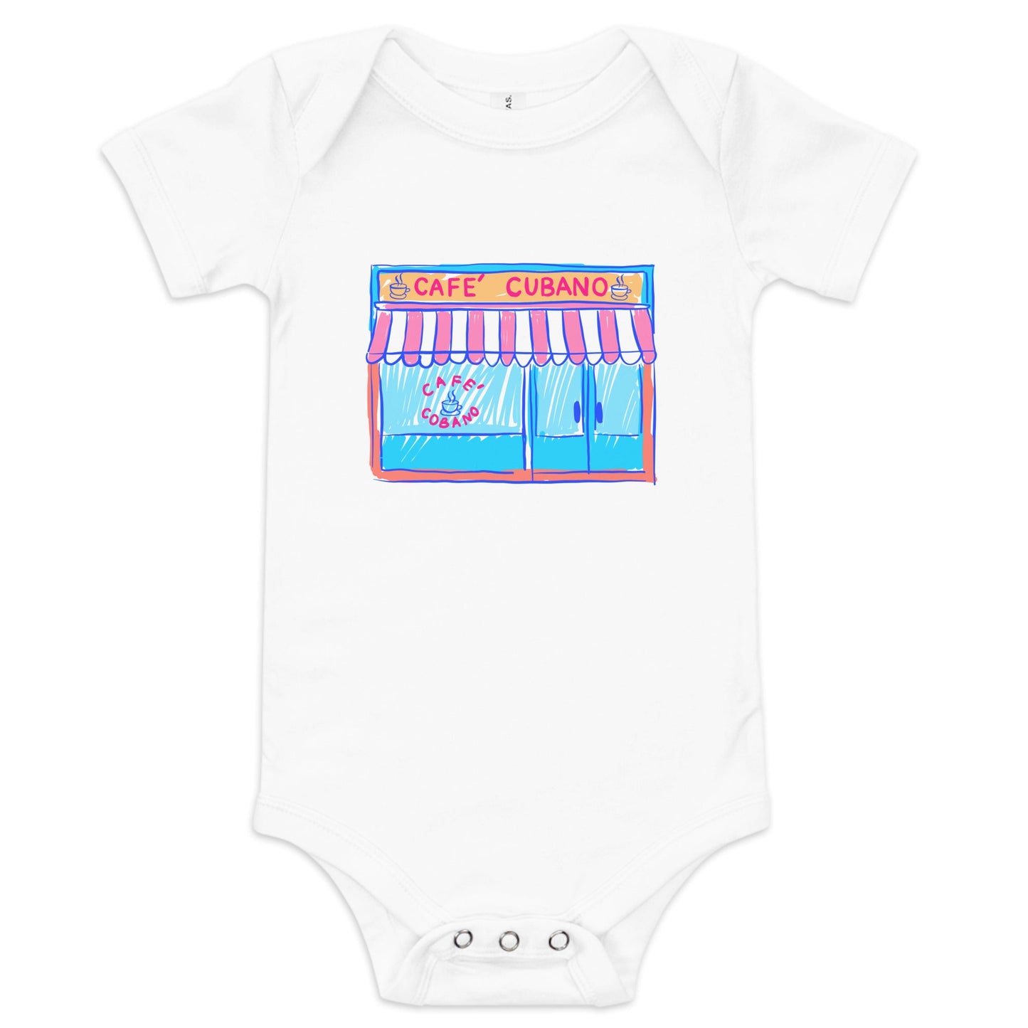 The Florida Cafe Cubano baby onesie, printed with a colorful coffee window on soft white cotton.