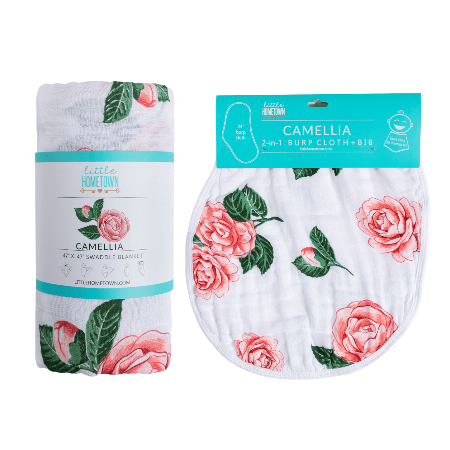The Camellia gift set, a rolled swaddle and matching burp cloth and bib combo covered in soft pink blooms.