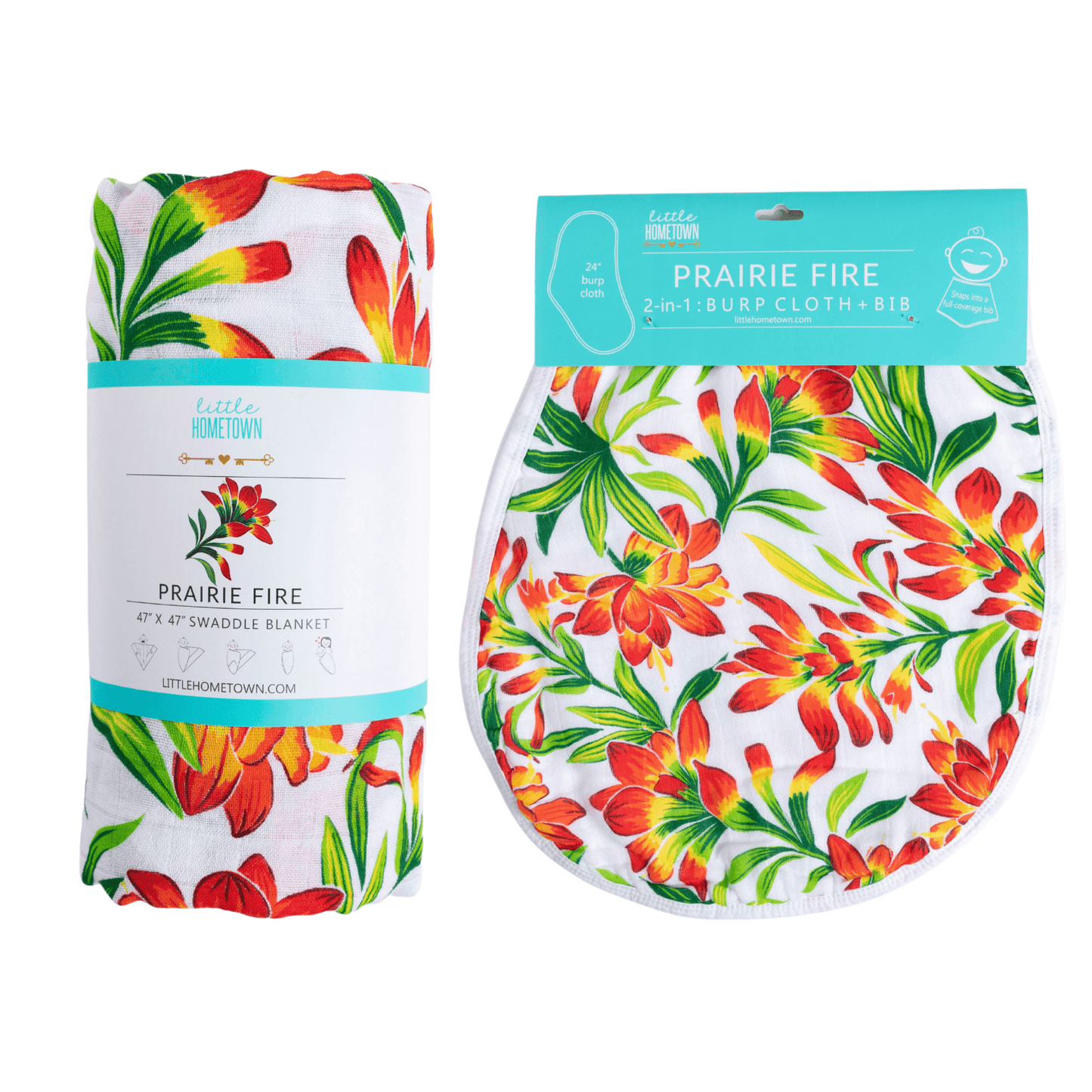 The Prairie Fire gift set, a rolled swaddle and matching burp cloth and bib combo in fiery red blooms.