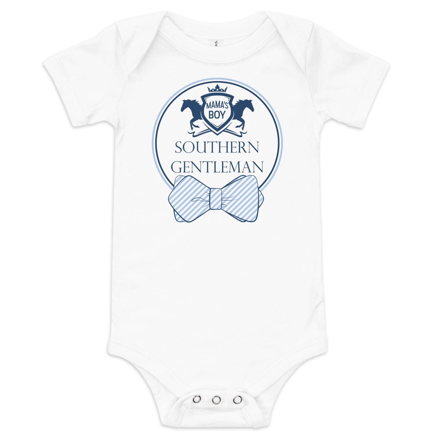 The Southern Gentleman baby onesie in white, finished with a navy crest and a little bow tie.