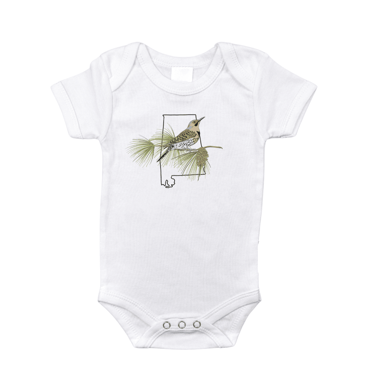 The Alabama pine baby onesie laid flat on white, a small bird perched on a slender branch.