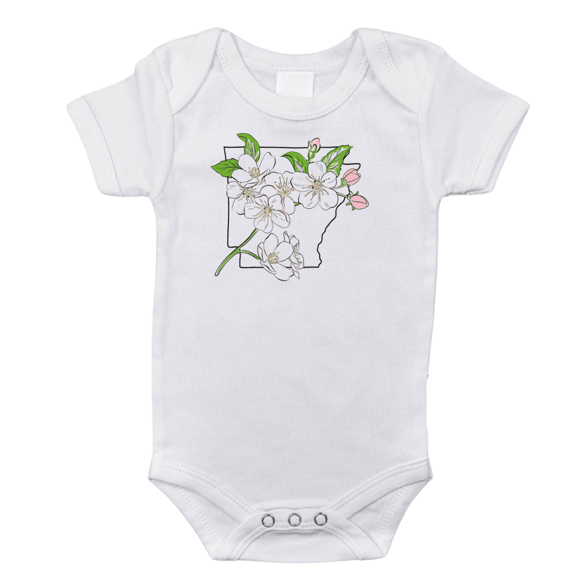 The Arkansas Apple Blossom baby onesie laid flat, blooms tucked into the state outline.