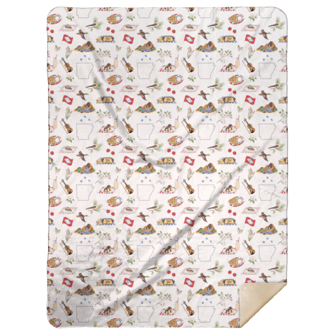 The Arkansas plush throw blanket folded back to reveal the soft neutral side beneath the print.