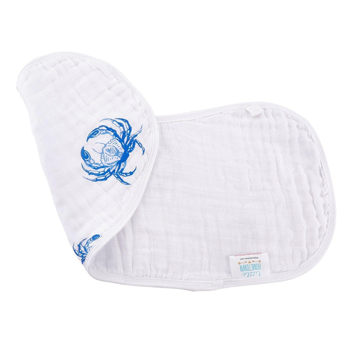 Blue crab-themed baby bib and burp cloth set with playful crab illustrations on a white background.