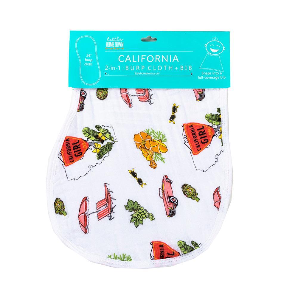 The California Girl burp cloth and bib combo, printed with poppies and coastal icons on white muslin.