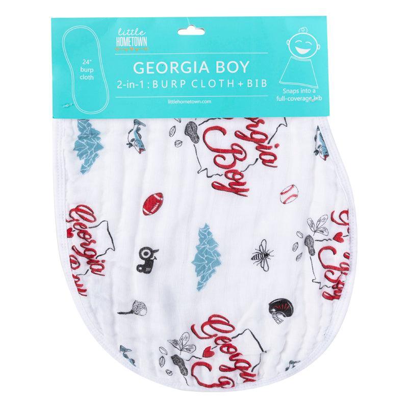Baby bib and burp cloth set with "Georgia Boy" text, featuring a peach design on a white background.