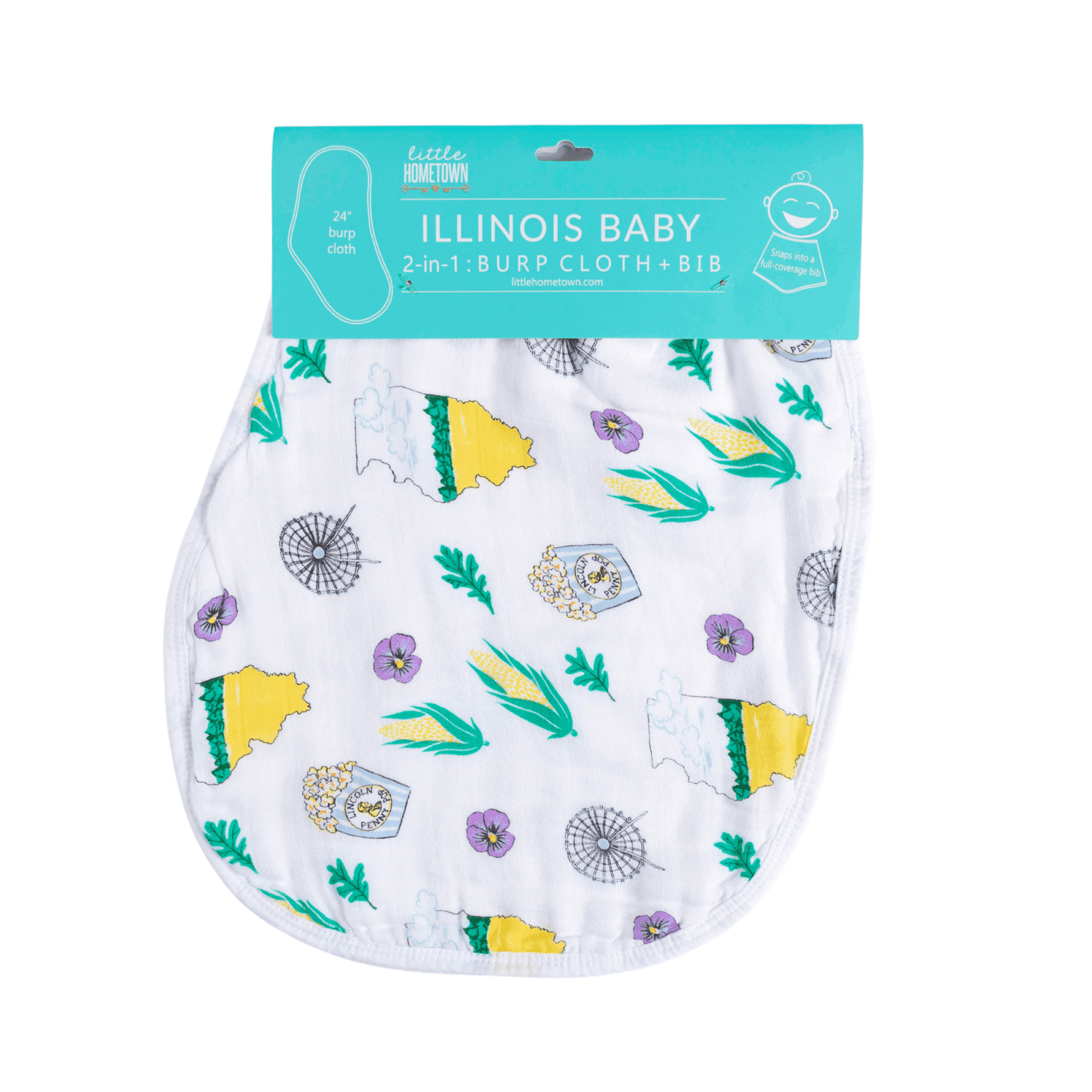 The Illinois burp cloth and bib combo, packaged with sweet corn and hand drawn state icons.