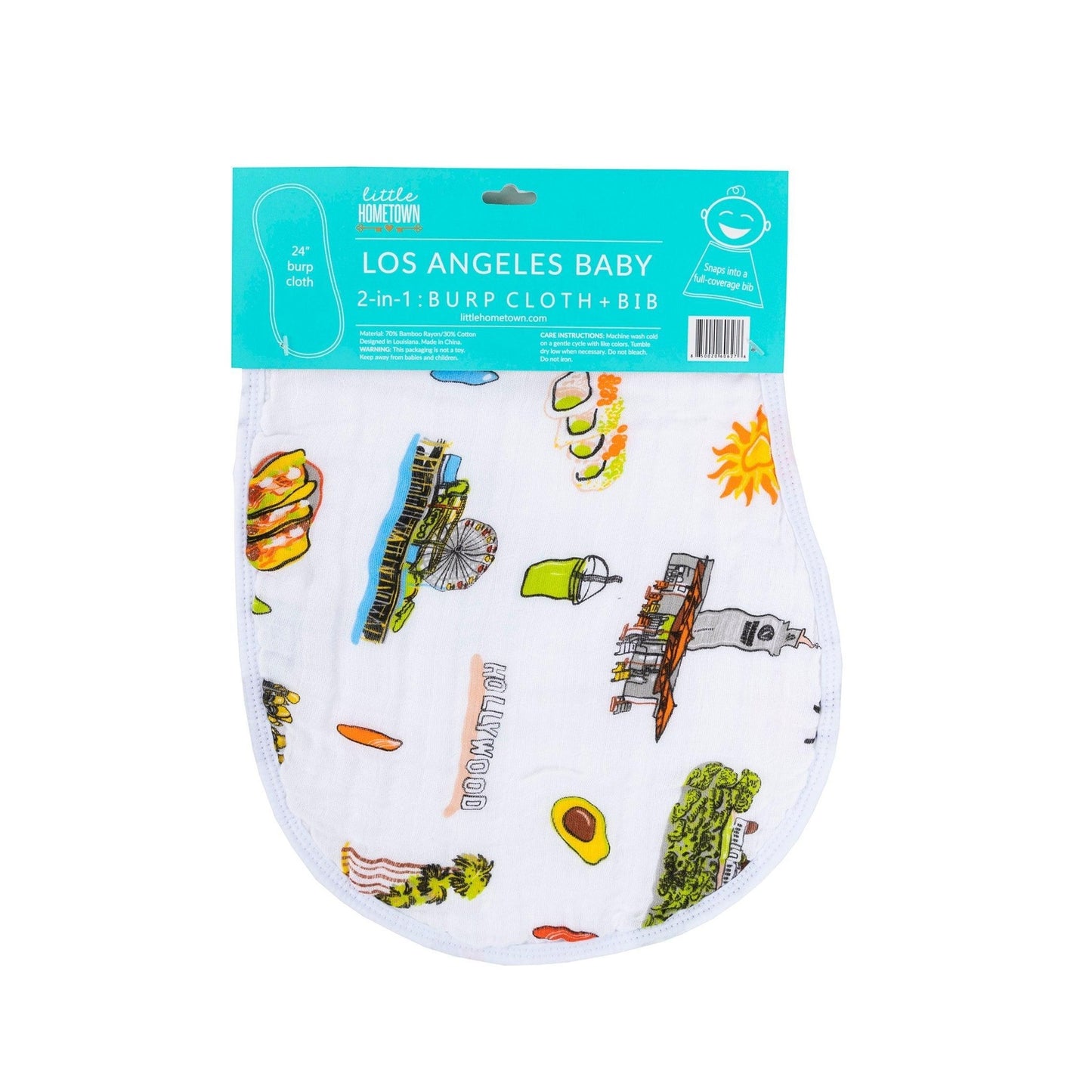The Los Angeles, California burp cloth and bib combo, packaged with palm trees and city icons.