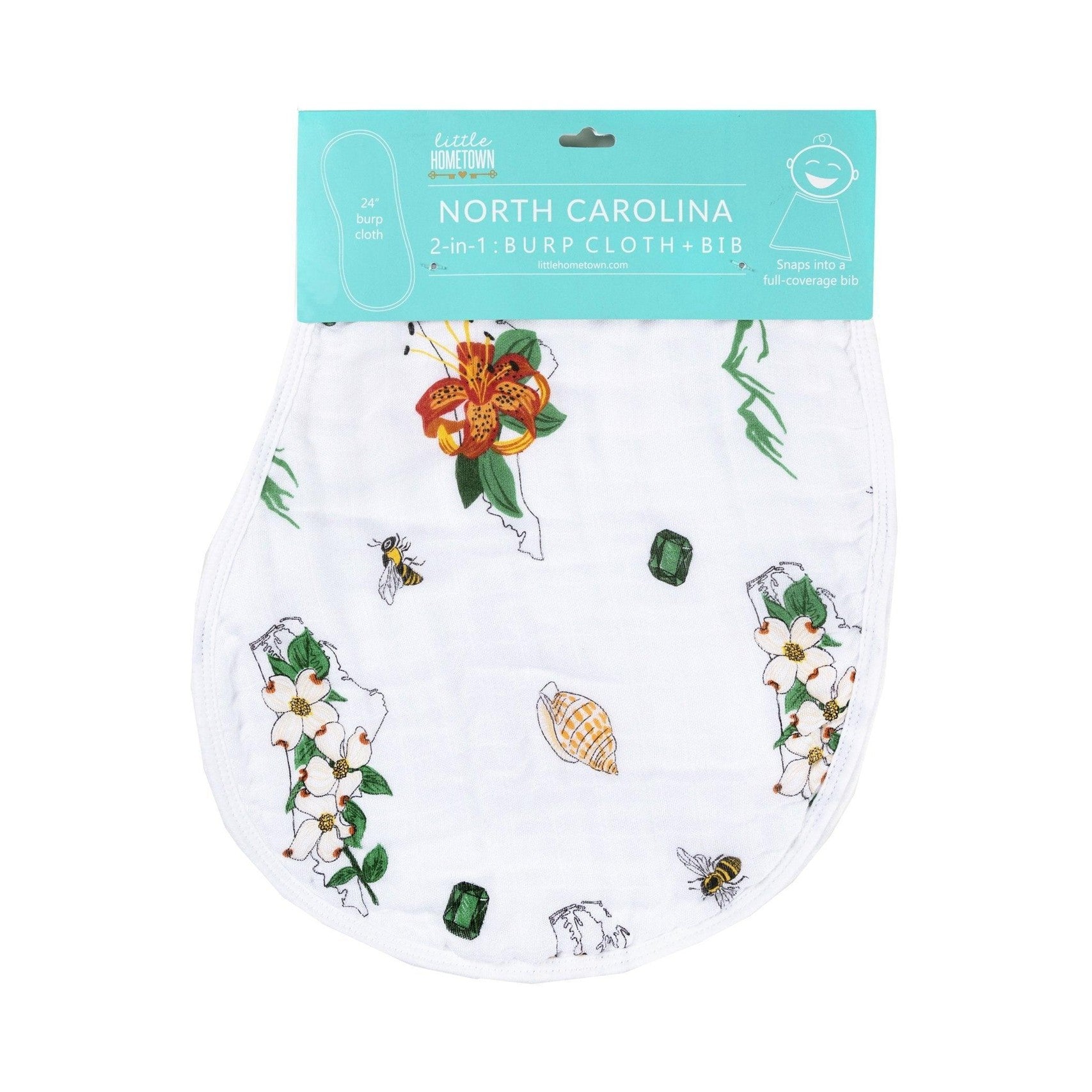 Baby burp cloth and bib set with North Carolina floral design, featuring vibrant flowers and state outline.