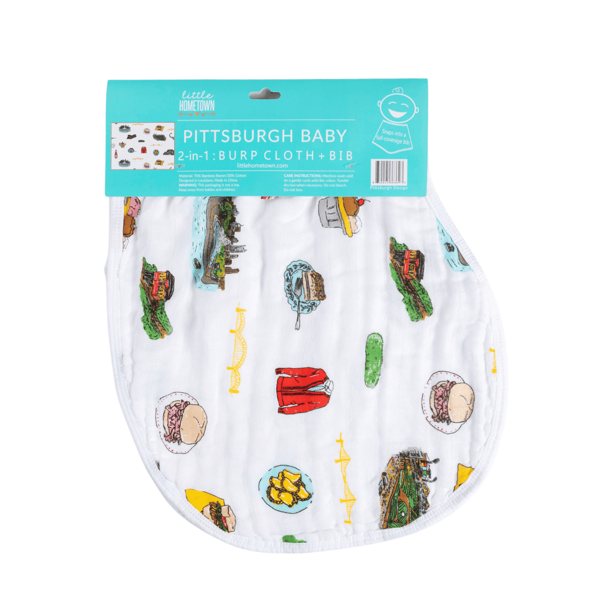 The Pittsburgh burp cloth and bib combo, packaged with city bridges and pierogies on white muslin.