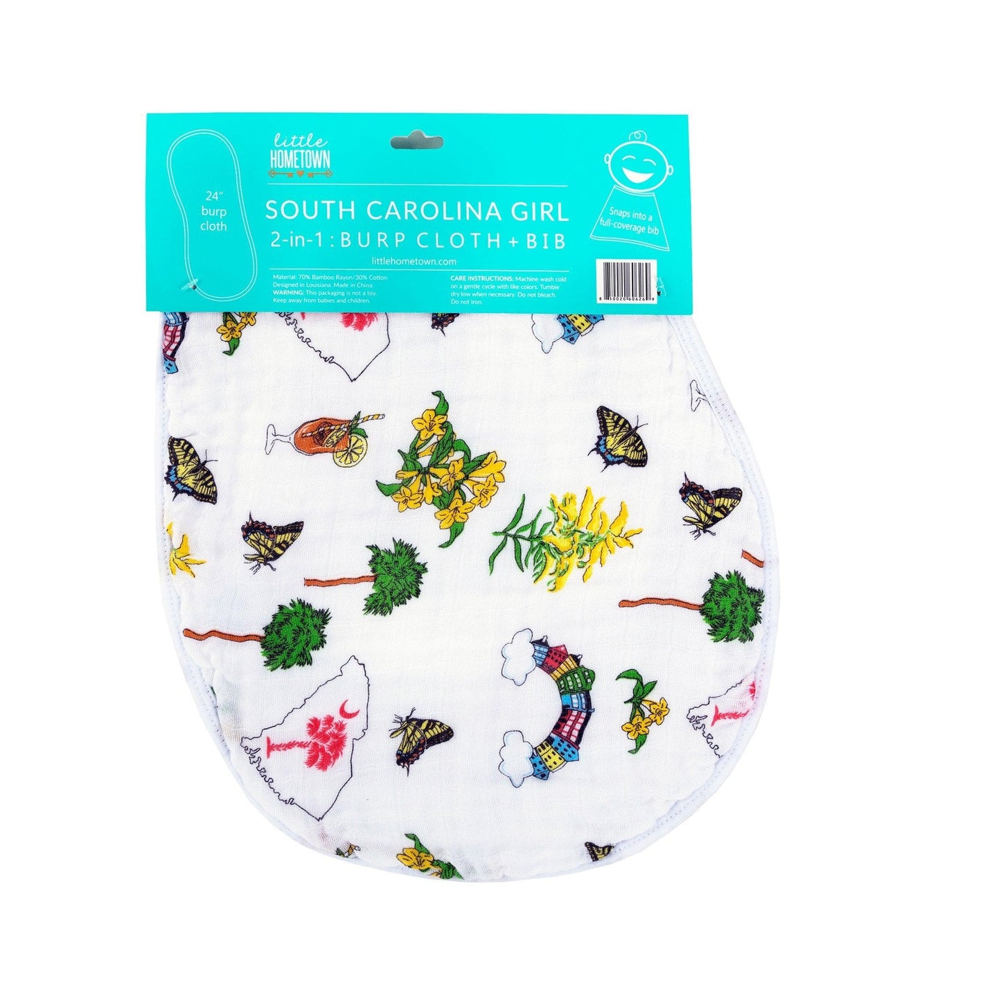 Baby bib and burp cloth set with "South Carolina Girl" text, featuring pink and white stripes and floral accents.