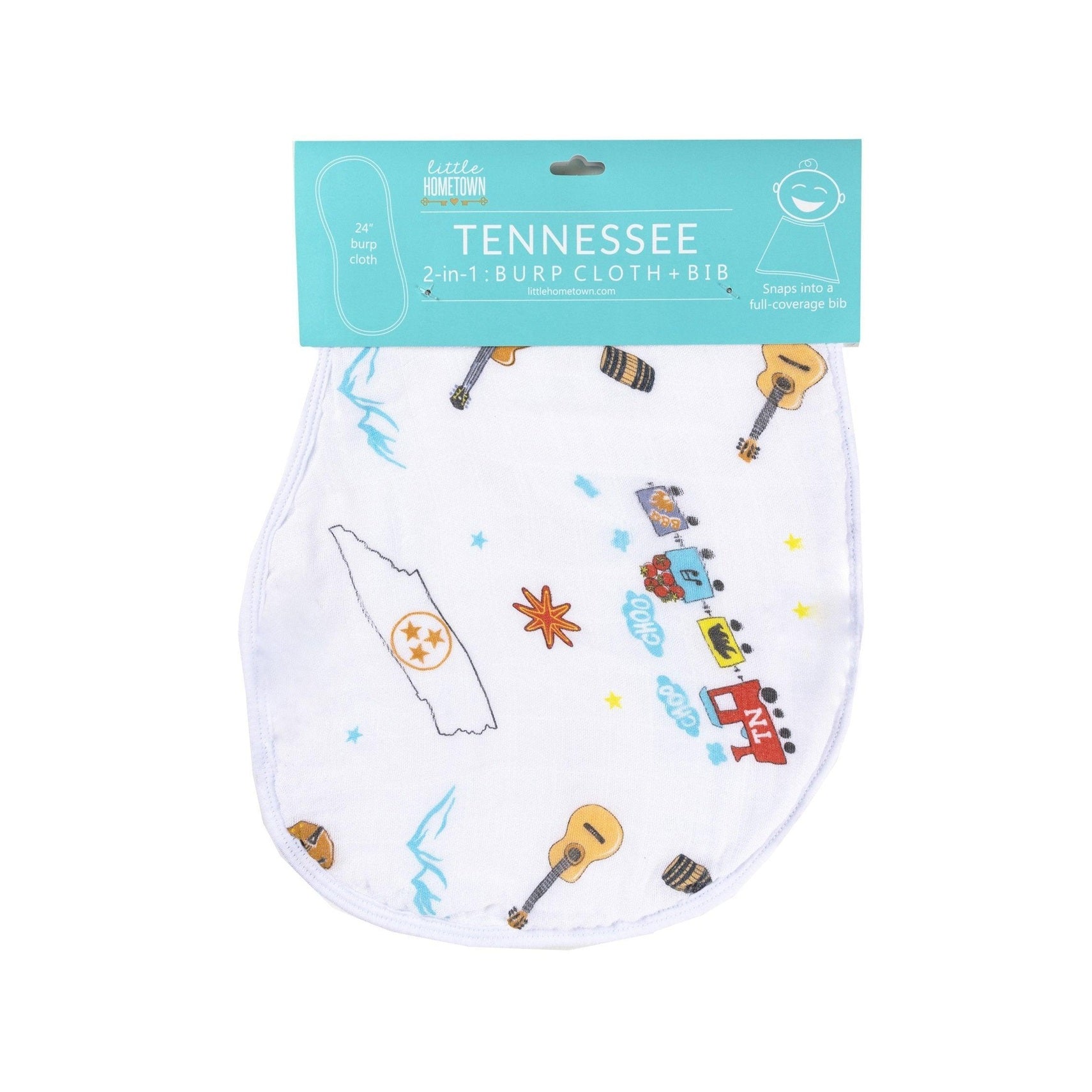 Tennessee-themed baby bib and burp cloth set featuring state icons and "Tennessee Baby" text in playful fonts.