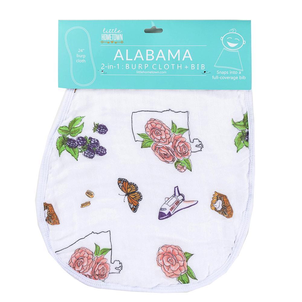 The Alabama Floral burp cloth and bib combo with camellias and butterflies, shown with its header card.
