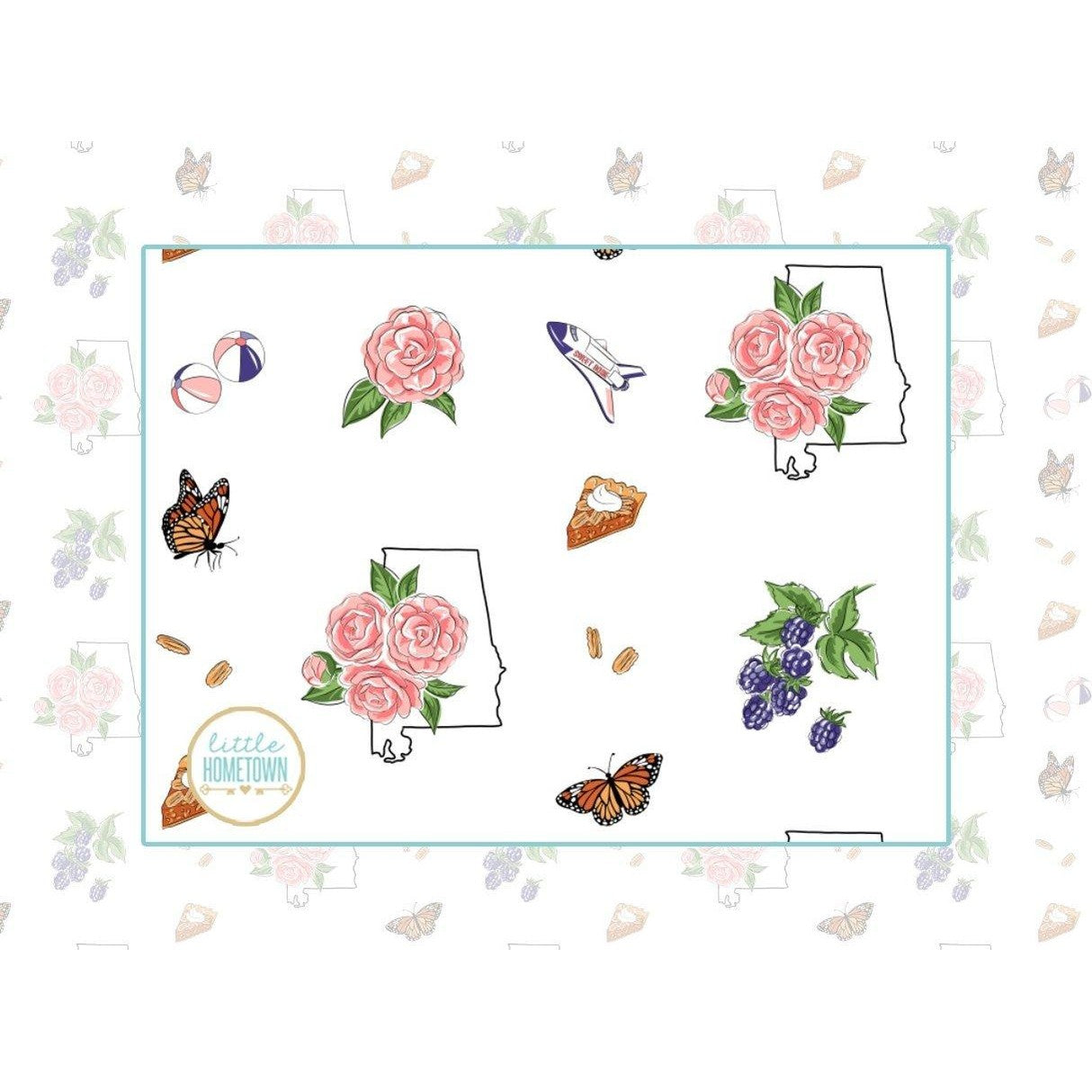 Baby burp cloth and wraparound bib set with Alabama floral pattern, featuring pink and green flowers.