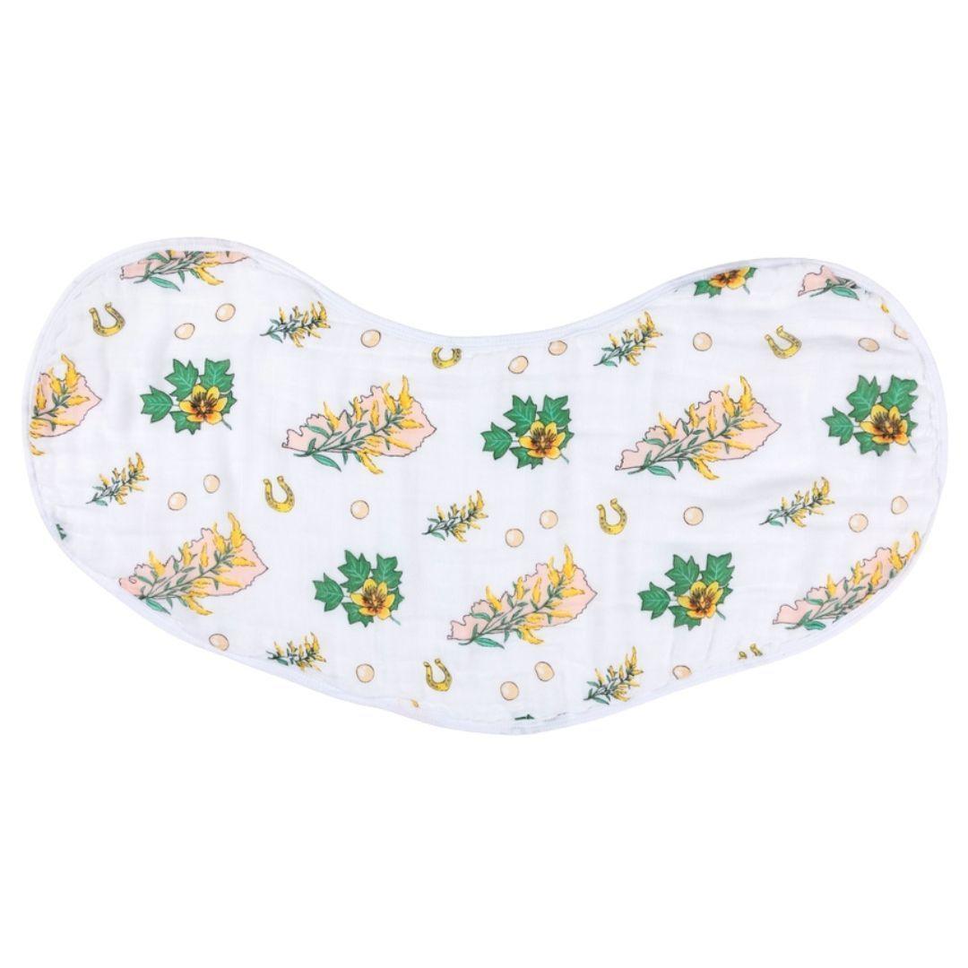 The Kentucky Floral burp cloth and bib combo laid open with goldenrod, horseshoes and derby roses.