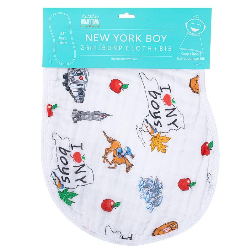 The New York Boy burp cloth and bib combo with taxis and skyline icons, shown with its header card.