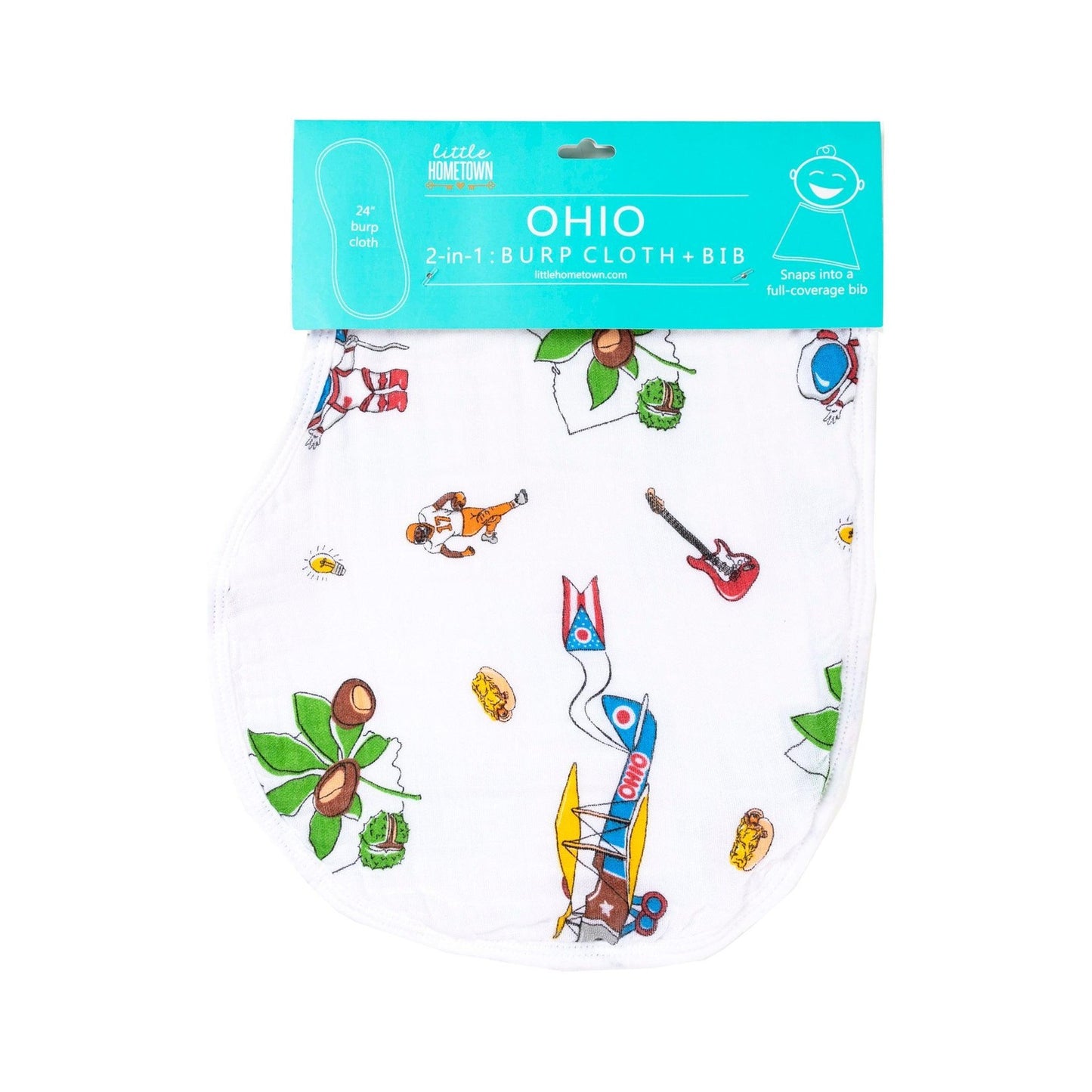 Baby burp cloth and wraparound bib set with "Ohio Baby" text, featuring Ohio state outline and heart design.