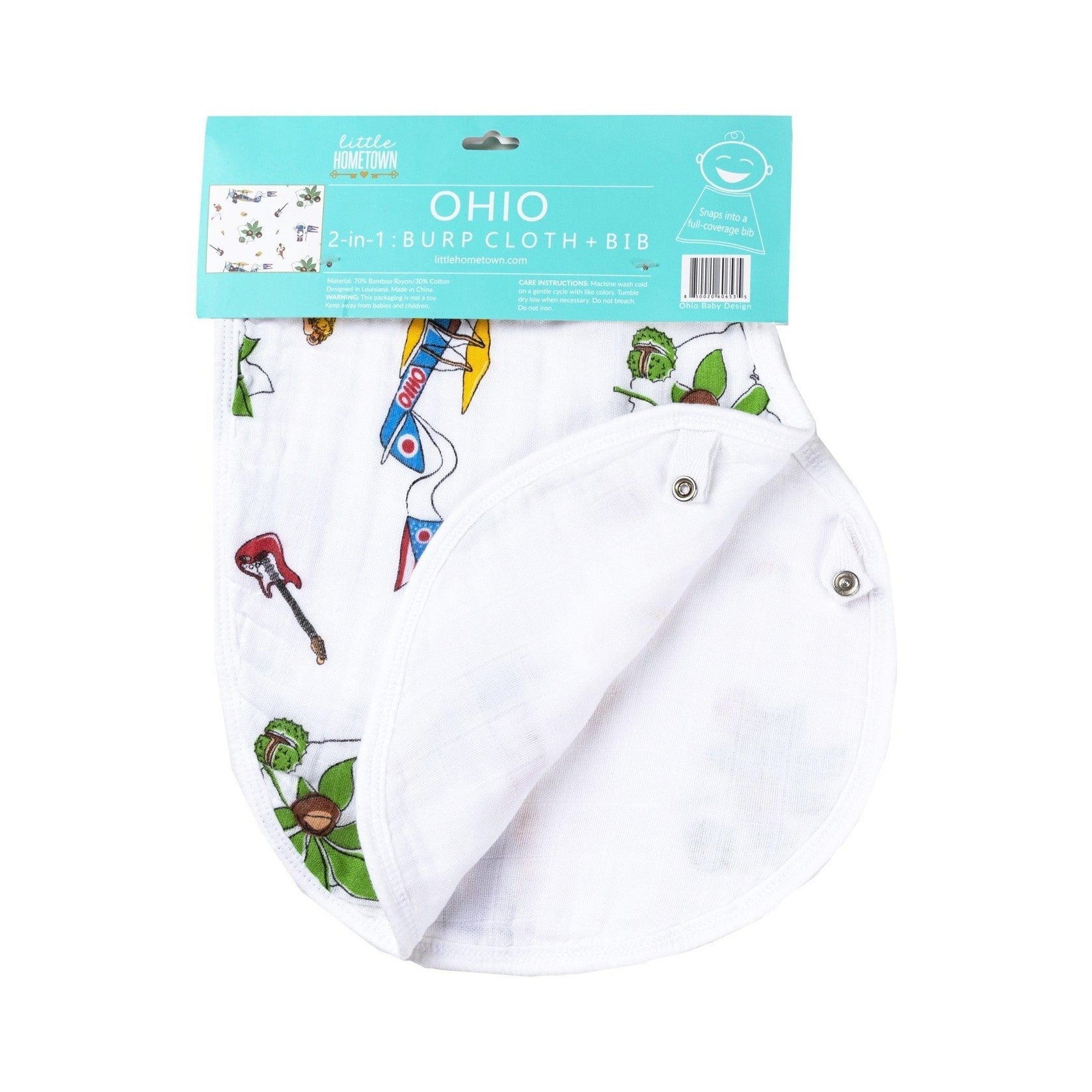 Baby burp cloth and wraparound bib set with Ohio state map design, featuring landmarks and icons in pastel colors.