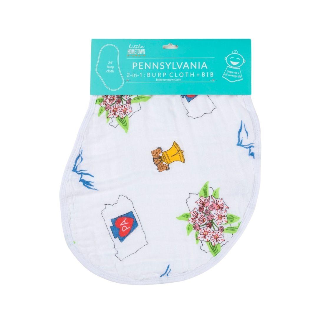 The Pennsylvania burp cloth and bib combo with liberty bells and lilacs, shown with its header card.