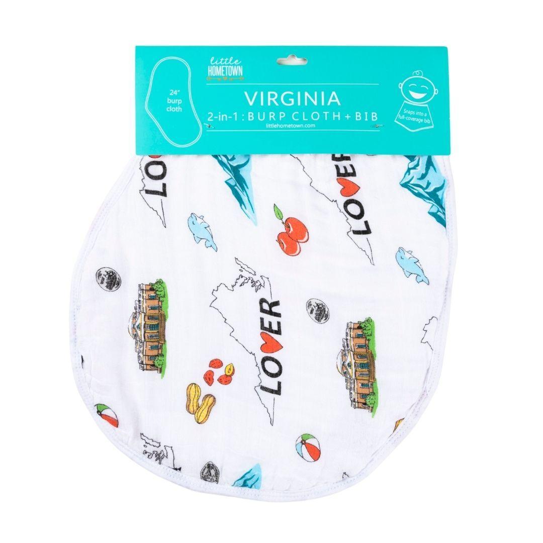 The Virginia burp cloth and bib combo with cardinals and Virginia is for Lovers hearts, beside its card.