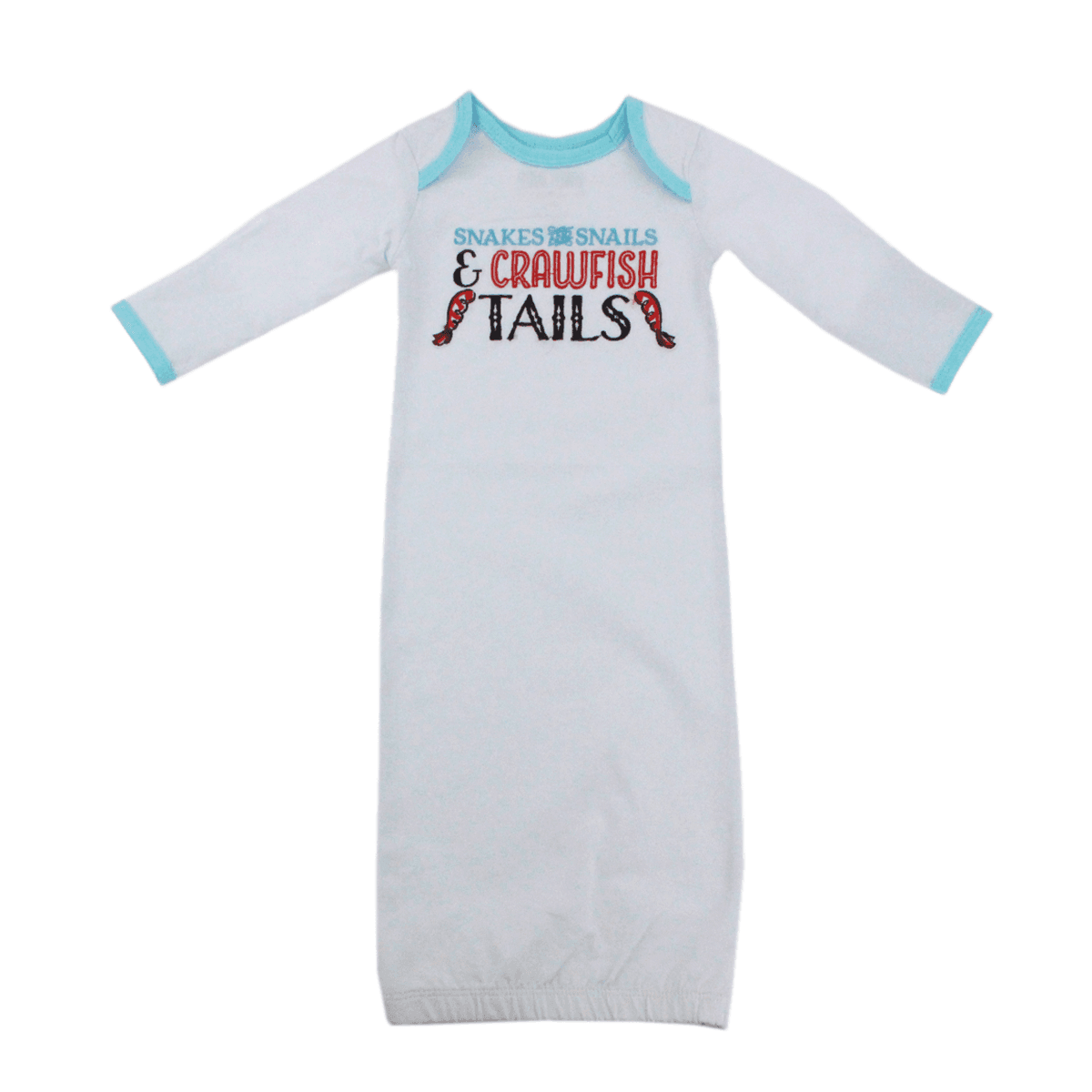 Baby gown with "Snakes and Snails and Crawfish Tails" text, featuring playful crawfish and snail illustrations.