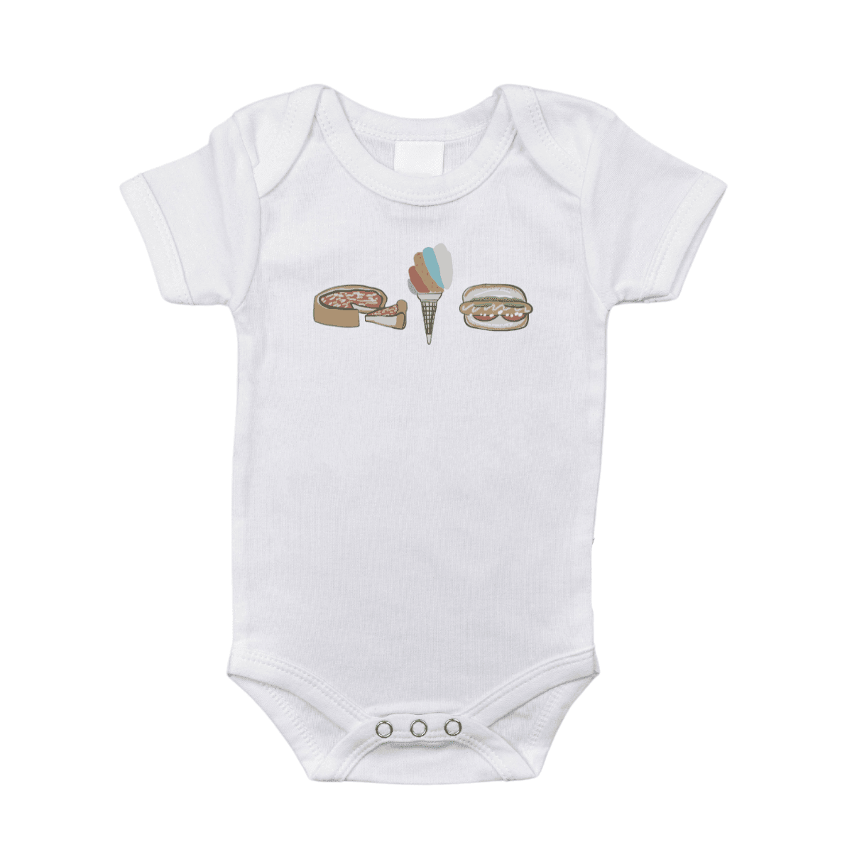 The Chicago Foodie baby onesie printed with a hot dog and a slice of deep dish pizza, laid flat on white.
