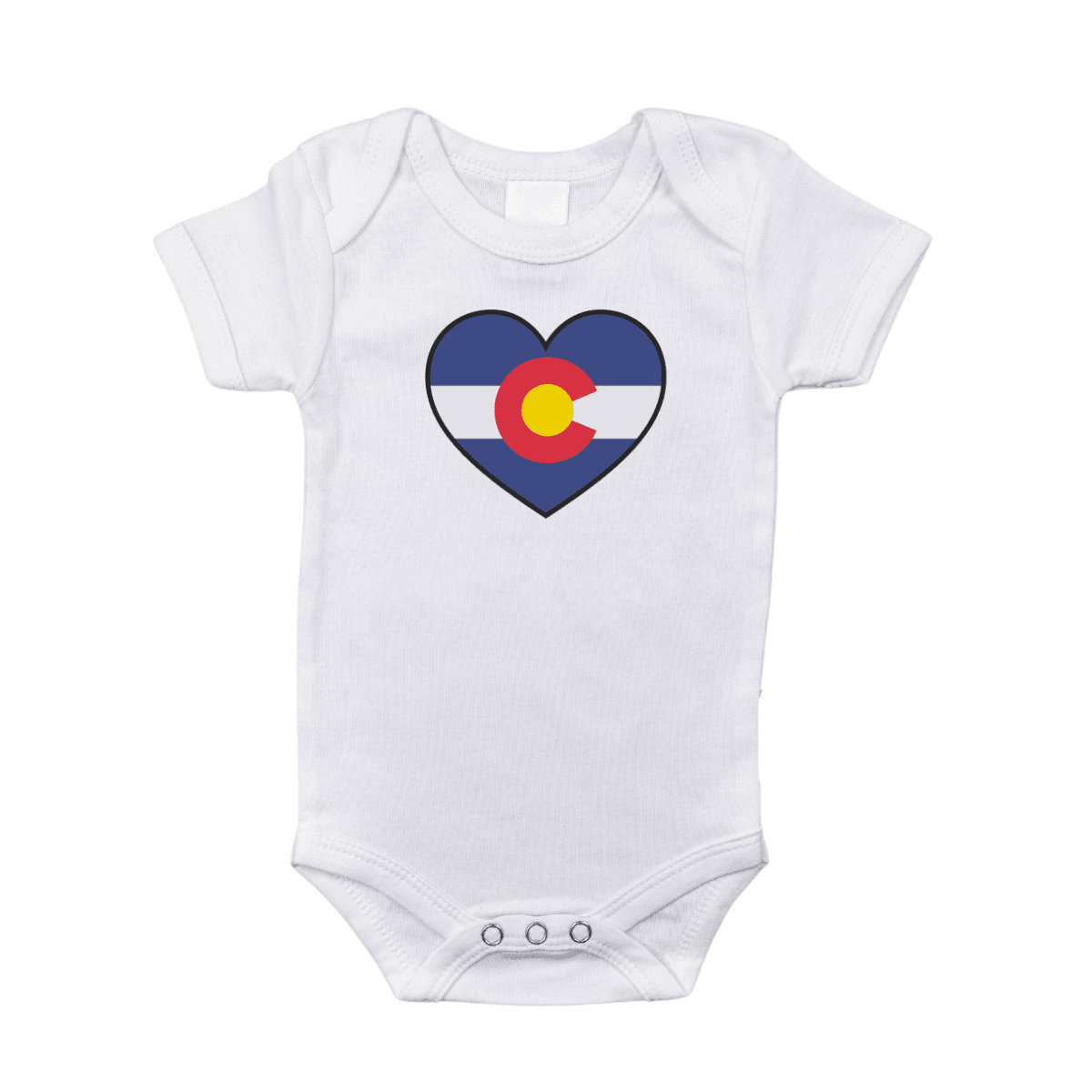 The Colorado baby onesie laid flat on white, with the state flag tucked inside a heart on the chest.
