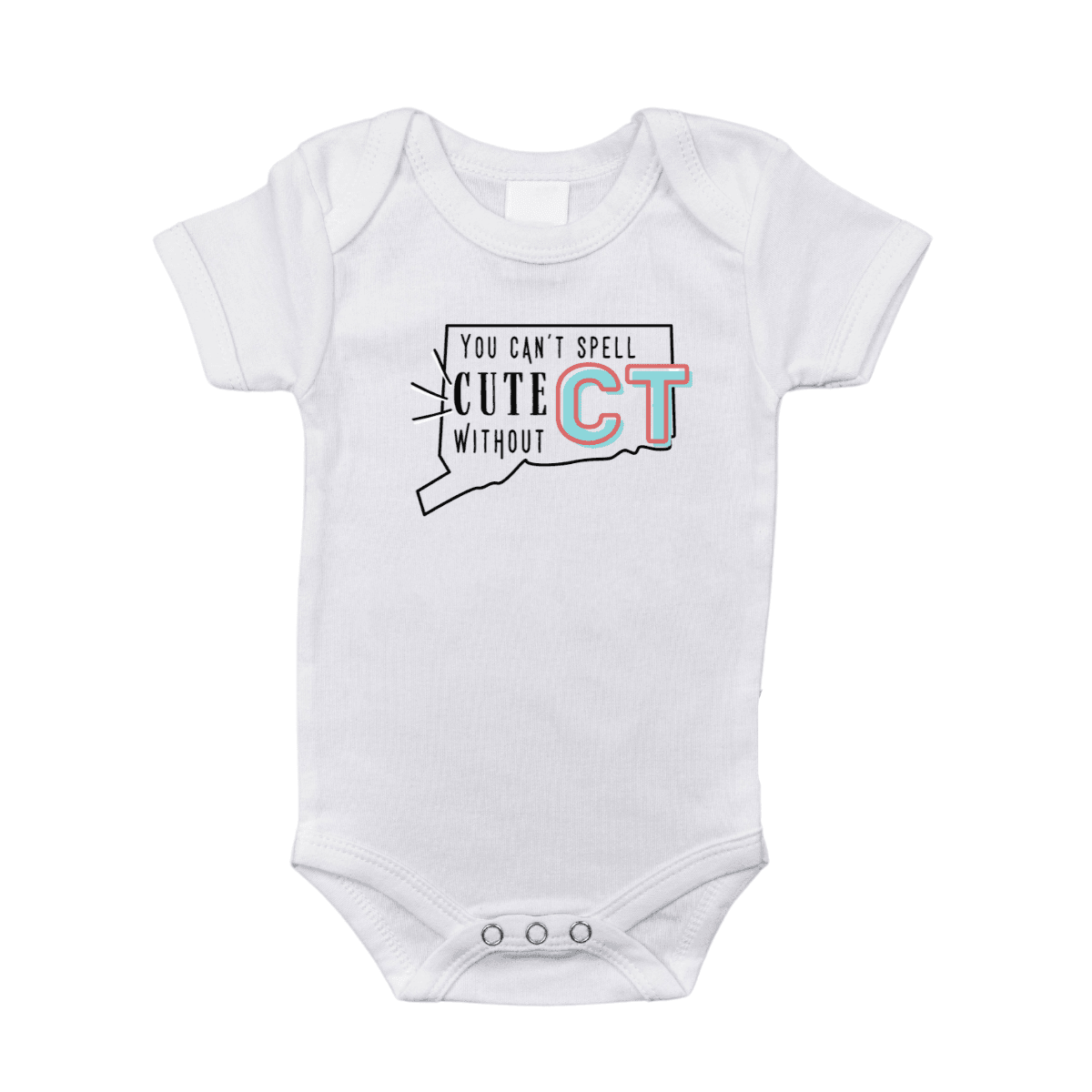 The Connecticut baby onesie printed with a little joke, that you cannot spell cute without CT.