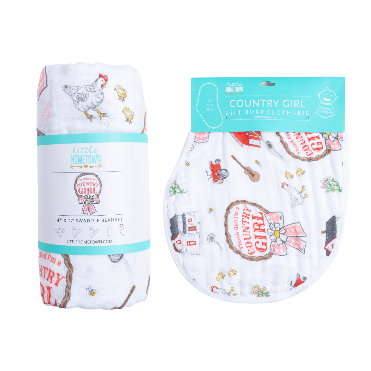 Country-themed baby gift set with a swaddle blanket and burp bib featuring farm animals and floral patterns.