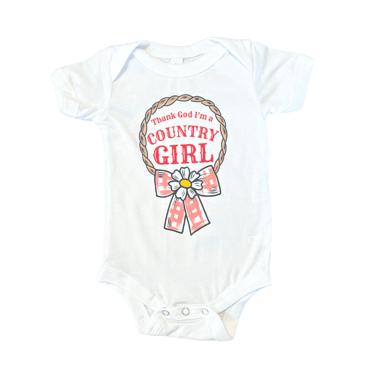 The Country Girl baby onesie with a pink ribbon badge reading thank God I am a country girl.