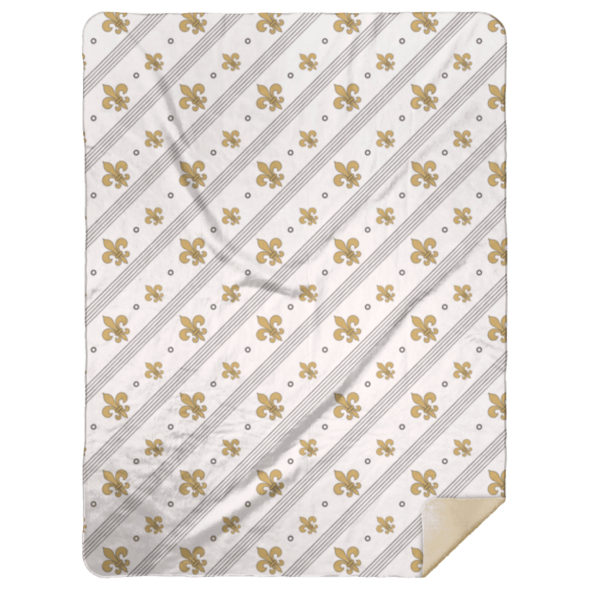 The gold Louisiana fleur de lis plush throw blanket with one cream corner folded softly back.