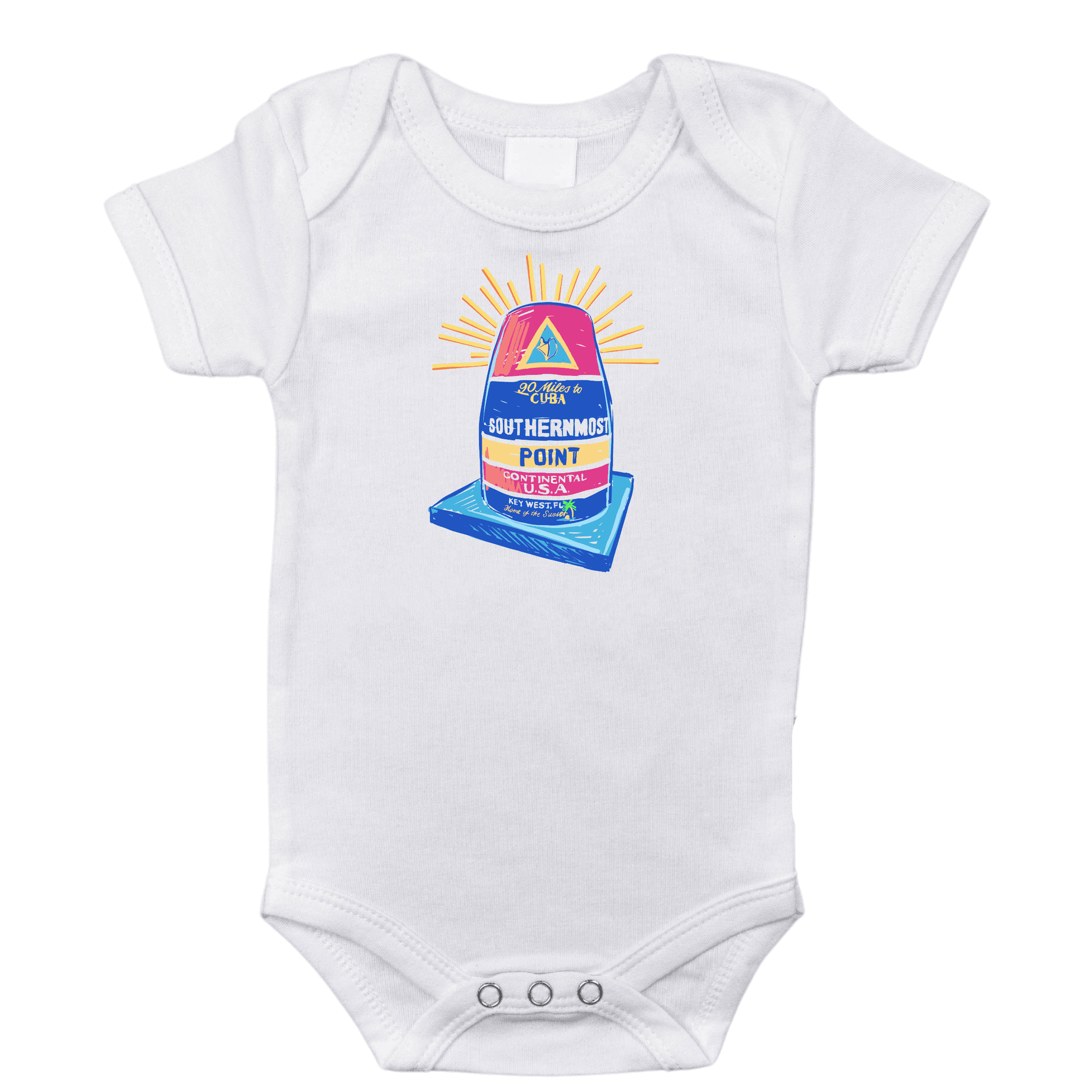 White baby onesie with "Key West, Florida" and a colorful sunset graphic, featuring palm trees and ocean waves.