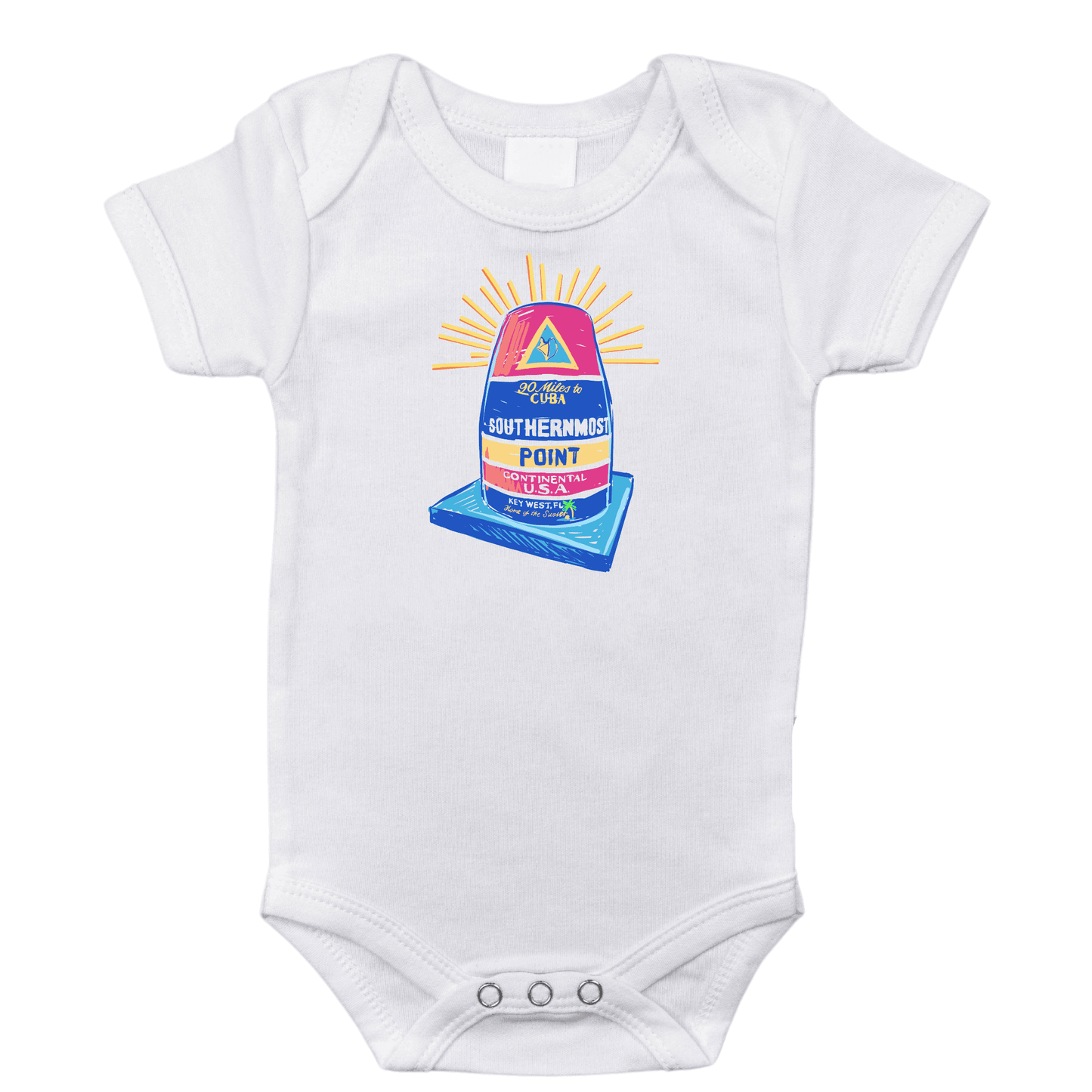 The Florida Key West baby onesie, printed with the sunny southernmost point marker on soft white cotton.