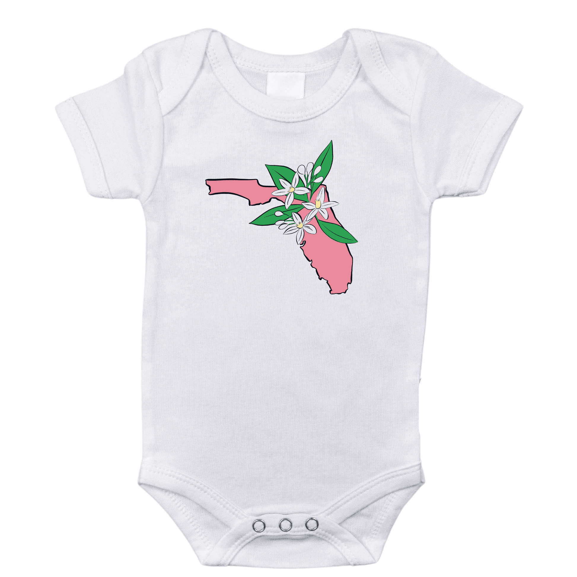 White baby onesie with "Florida Orange Blossom" text and orange blossom graphic, on a plain background.