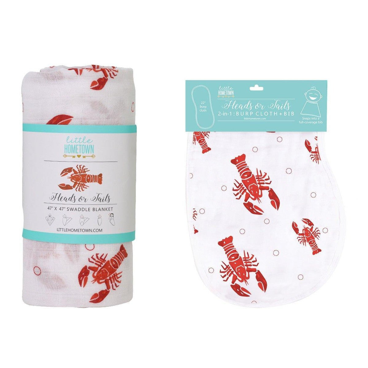 Gift set with crawfish and lobster-themed baby muslin swaddle blanket and burp cloth/bib combo, Little Hometown.