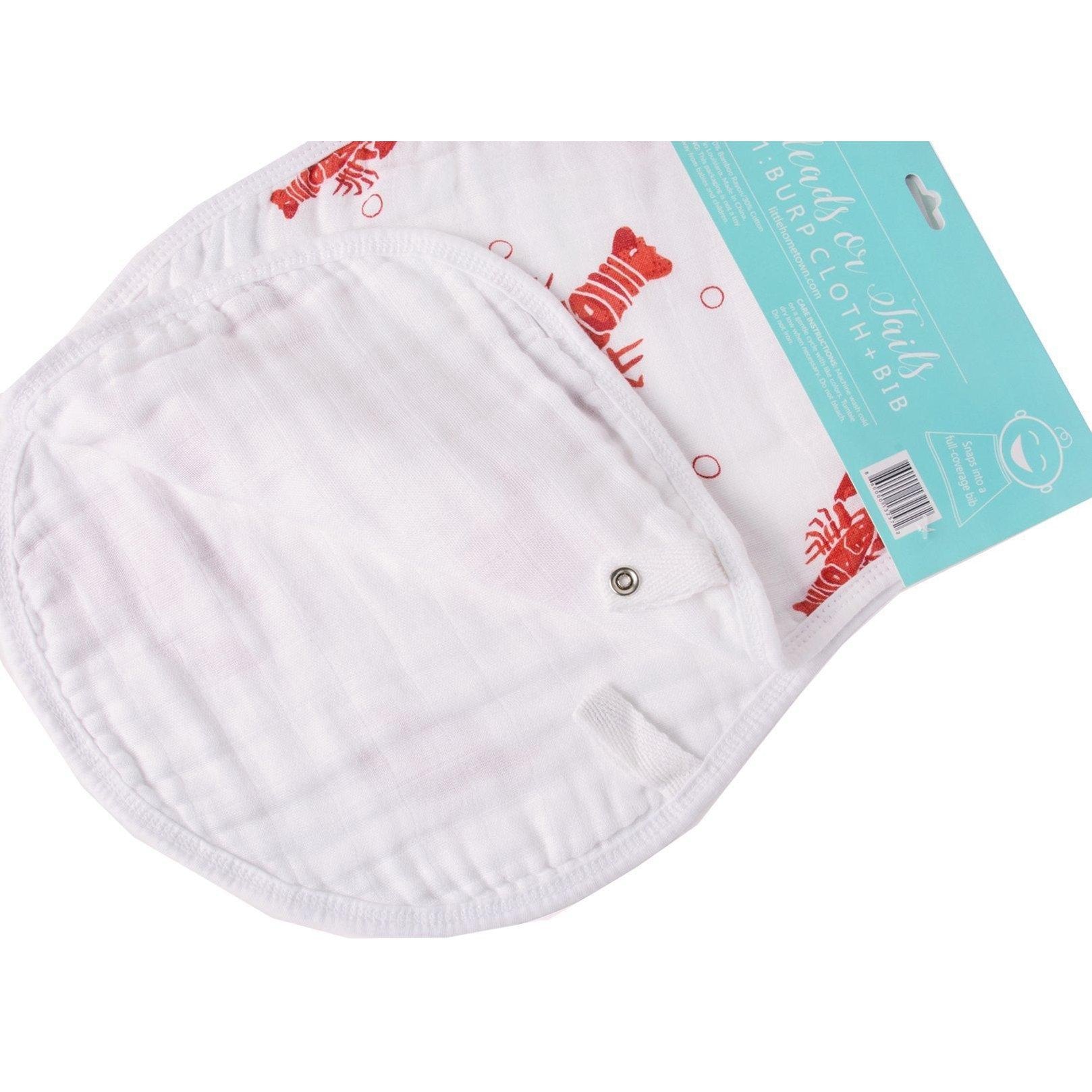 Gift set with crawfish and lobster-themed baby muslin swaddle blanket and burp cloth/bib combo on white background.