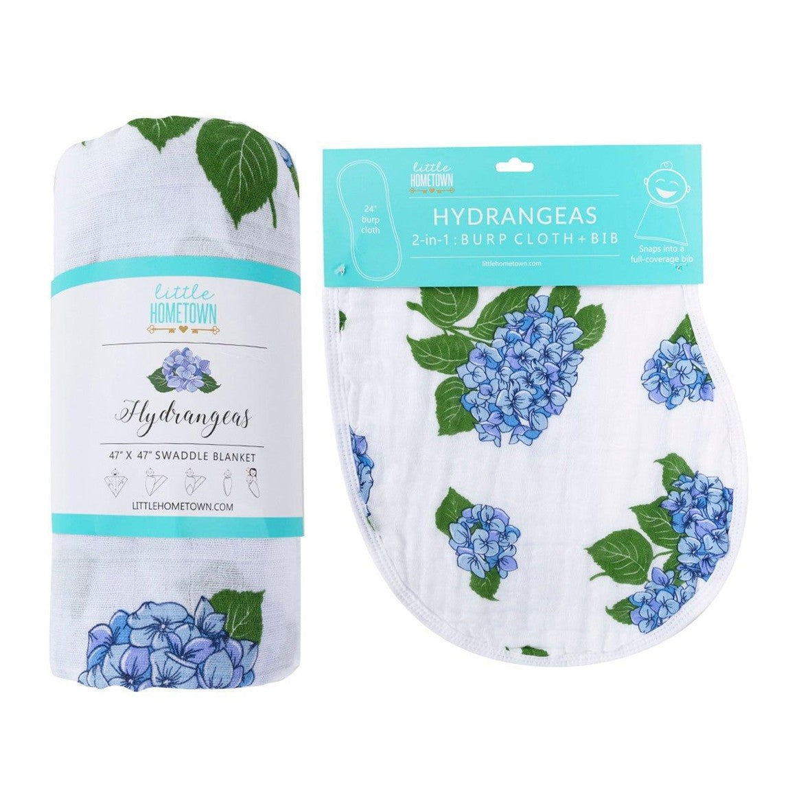 Hydrangea-themed baby muslin swaddle blanket and burp cloth set, featuring soft pastel colors and floral patterns.