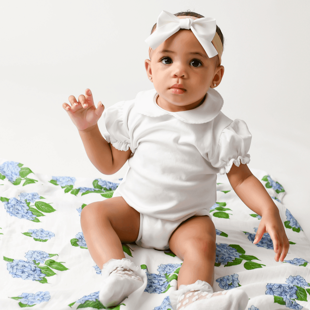 Hydrangea-themed baby muslin swaddle blanket and burp cloth set, featuring delicate blue and pink floral patterns.