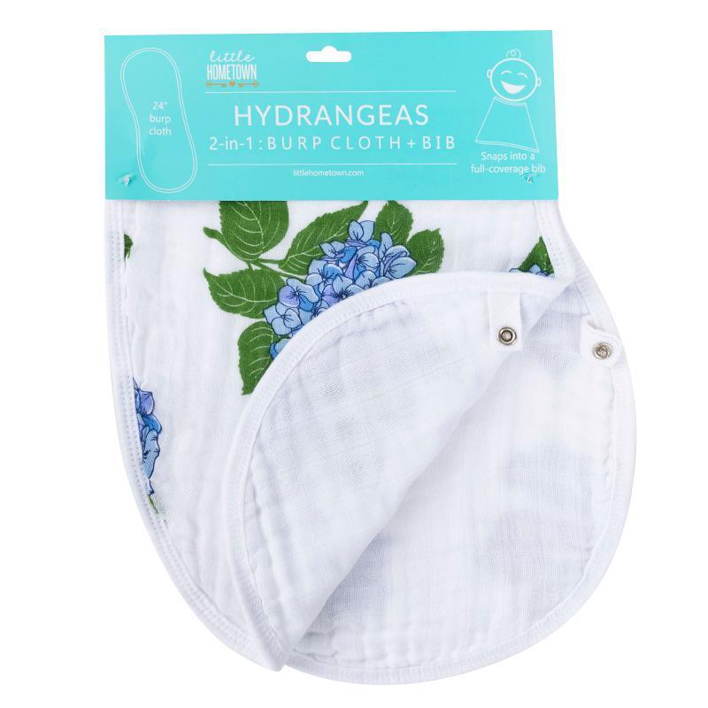 Hydrangea-themed baby muslin swaddle blanket and burp cloth set, featuring soft pastel colors and floral patterns.