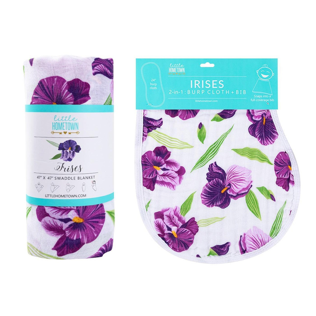 Gift set with baby muslin swaddle blanket and burp cloth, featuring vibrant iris flower patterns.