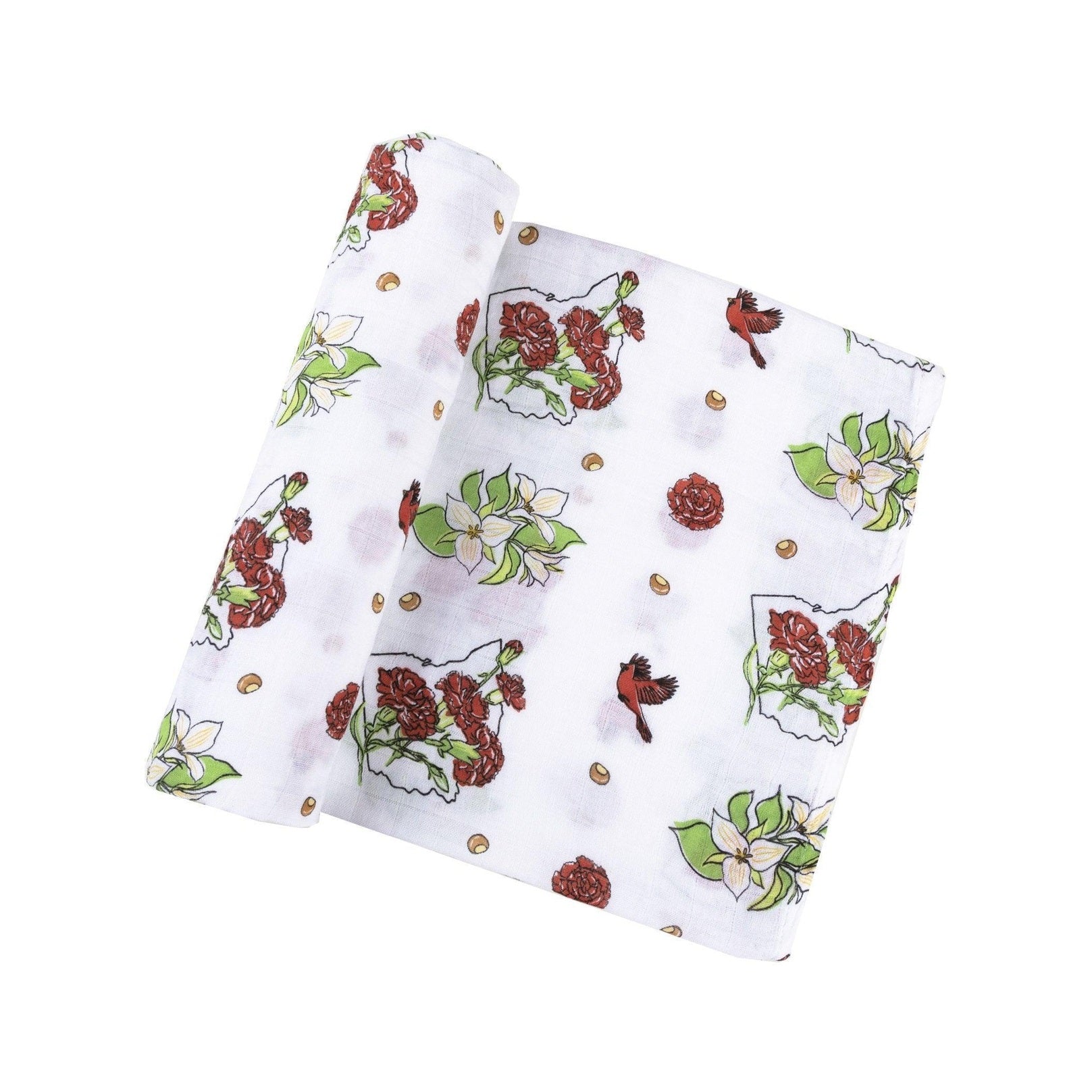 Ohio-themed baby gift set with floral muslin swaddle, receiving blanket, and burp bib, all neatly arranged.