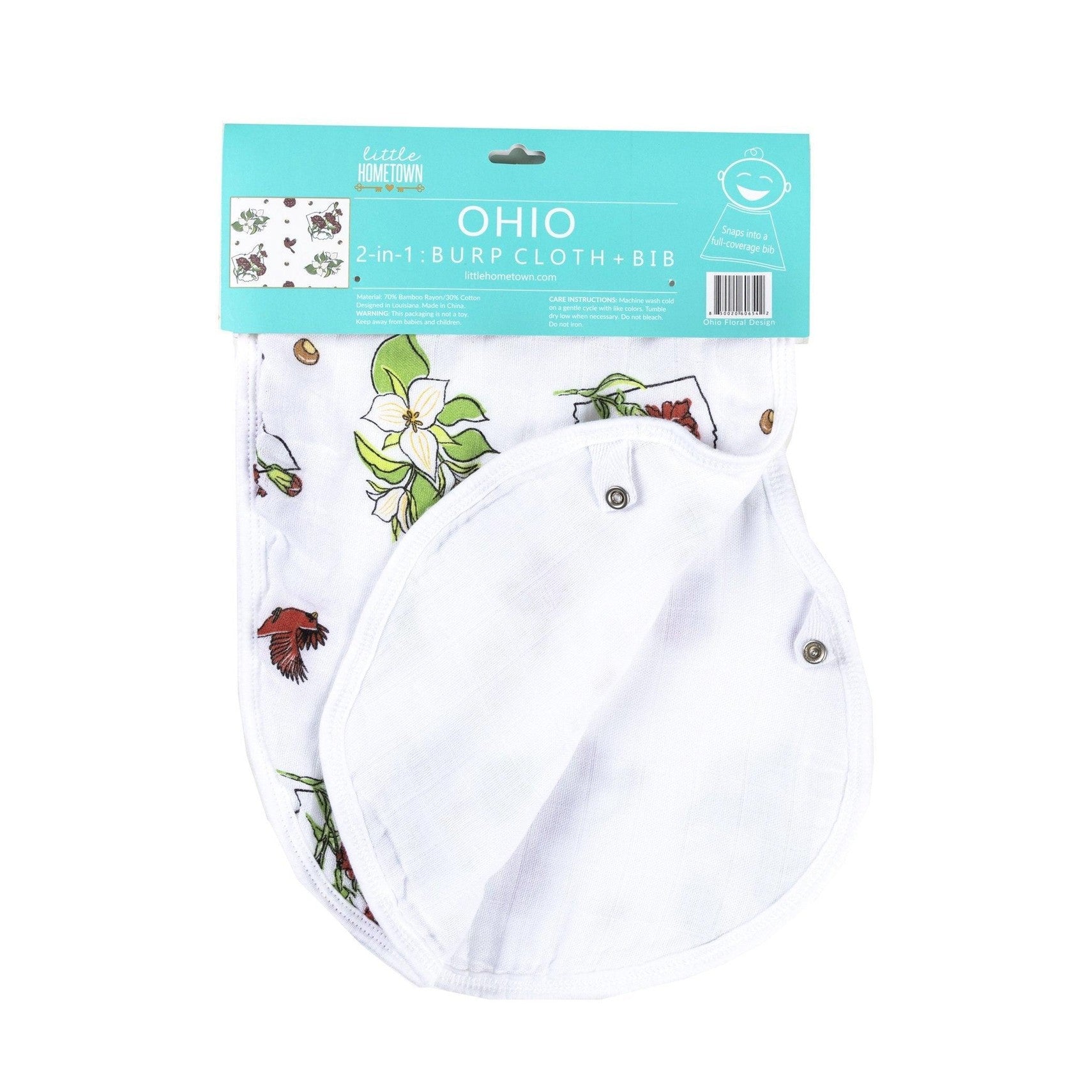 Ohio-themed baby gift set with floral muslin swaddle, receiving blanket, and burp bib, all neatly arranged.