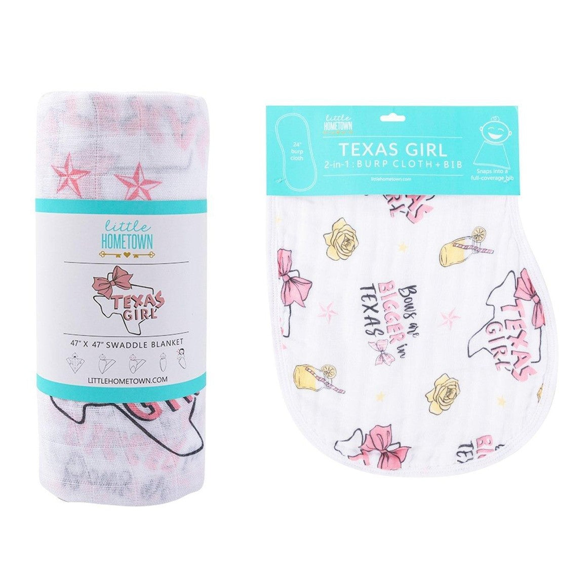 Pink muslin swaddle blanket and burp cloth with Texas-themed designs, including state outline and flowers.