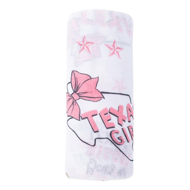 Texas-themed baby girl gift set with a muslin swaddle blanket and burp cloth/bib combo, featuring pink and white designs.